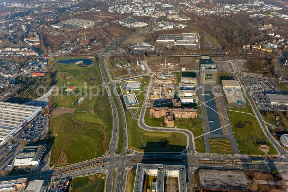 Aerial photograph Essen - Construction on the new building section on the site of Krupp Belt, the head office of the group ThyssenKrupp in Essen, North Rhine-Westphalia NRW