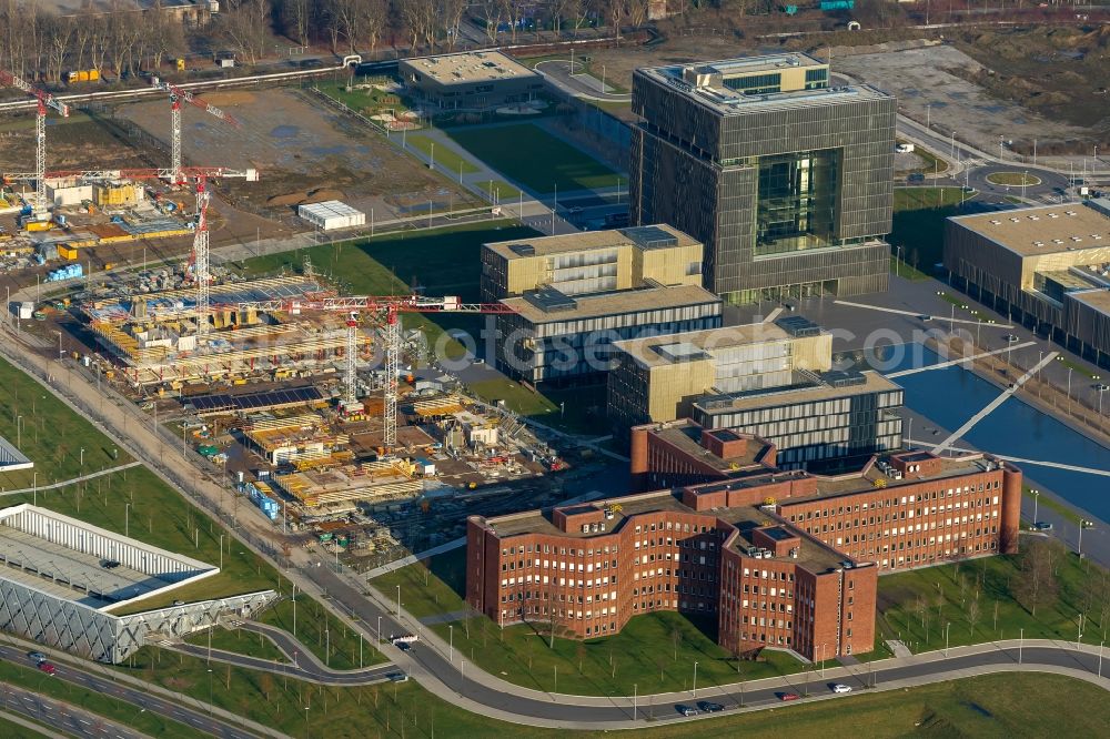 Essen from above - Construction on the new building section on the site of Krupp Belt, the head office of the group ThyssenKrupp in Essen, North Rhine-Westphalia NRW