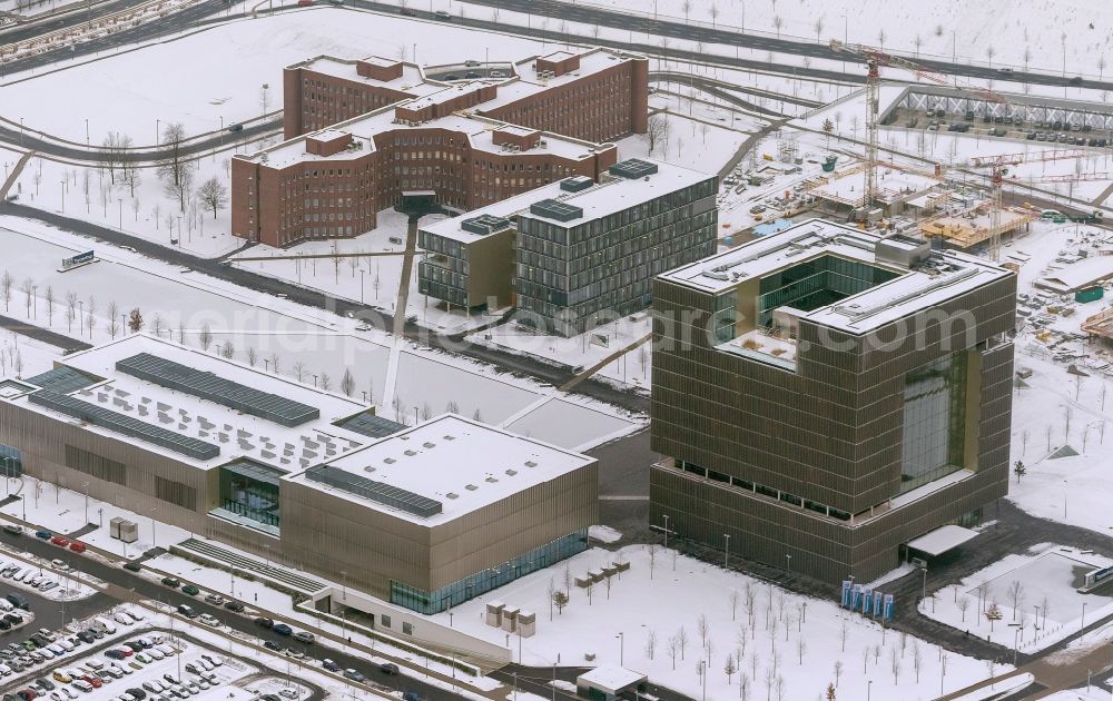 Essen from the bird's eye view: Construction on the new building section on the site of Krupp Belt, the head office of the group ThyssenKrupp in Essen, North Rhine-Westphalia NRW