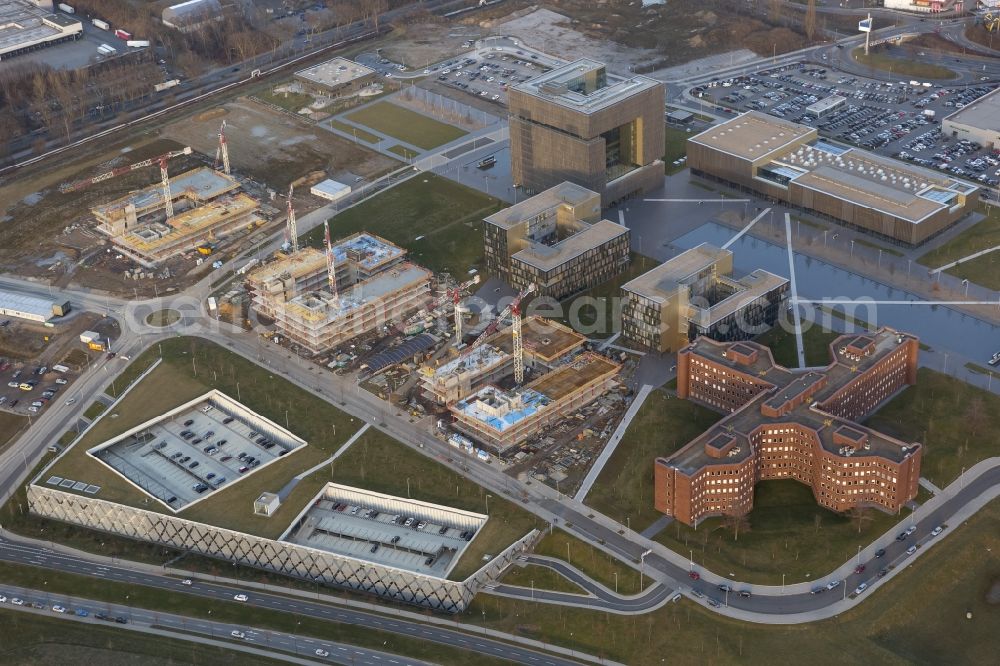 Aerial image Essen - Construction on the new building section on the site of Krupp Belt, the head office of the group ThyssenKrupp in Essen, North Rhine-Westphalia NRW