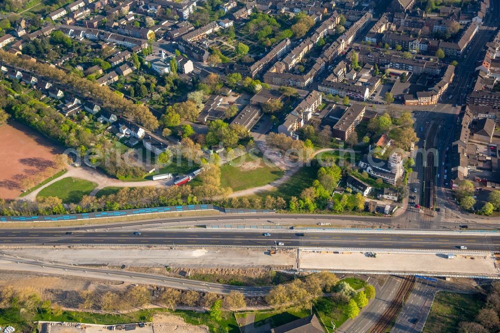 Duisburg from above - Construction site for the rehabilitation and repair of the motorway bridge construction of BAB 42 on Autobahnausfahrt Duisburg-Beeck in Duisburg in the state North Rhine-Westphalia, Germany