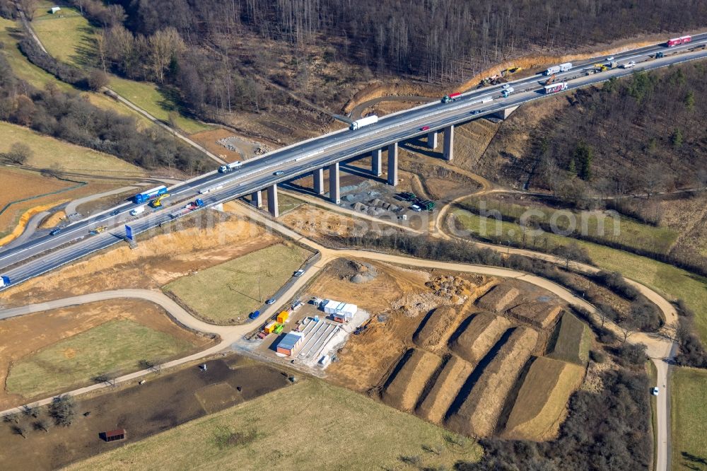 Aßlar from above - Construction site for the renovation, renewal and repair of the motorway bridge construction BAB A45 Bornbach viaduct Sauerlandlinie in Asslar in the state Hesse, Germany