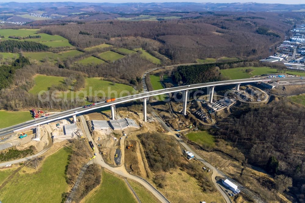 Rinsdorf from the bird's eye view: Construction site for the rehabilitation and repair of the motorway bridge construction BAB A45 Talbruecke Rinsdorf of Sauerlandlinie in Rinsdorf at Siegerland in the state North Rhine-Westphalia, Germany