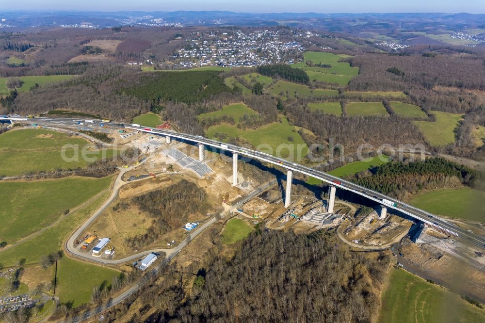 Rinsdorf from the bird's eye view: Construction site for the rehabilitation and repair of the motorway bridge construction BAB A45 Talbruecke Rinsdorf of Sauerlandlinie in Rinsdorf at Siegerland in the state North Rhine-Westphalia, Germany