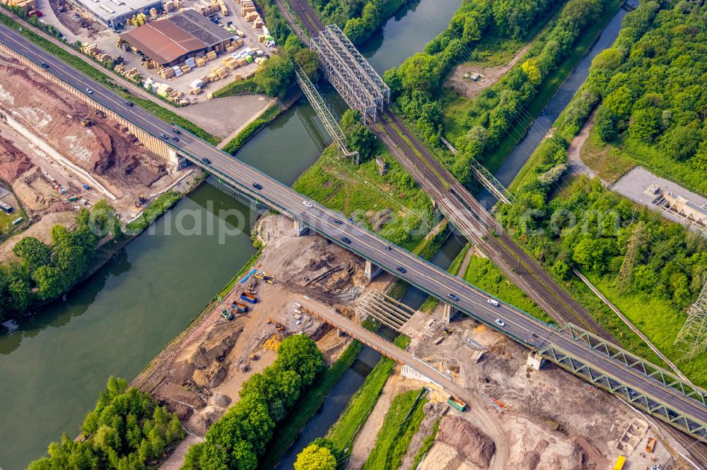 Herne from the bird's eye view: Construction site for the rehabilitation and repair of the motorway bridge construction Emschertalbruecke on street A43 in Herne at Ruhrgebiet in the state North Rhine-Westphalia, Germany