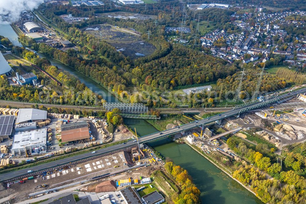 Herne from the bird's eye view: Construction site for the rehabilitation and repair of the motorway bridge construction Emschertalbruecke on street A43 in Herne at Ruhrgebiet in the state North Rhine-Westphalia, Germany