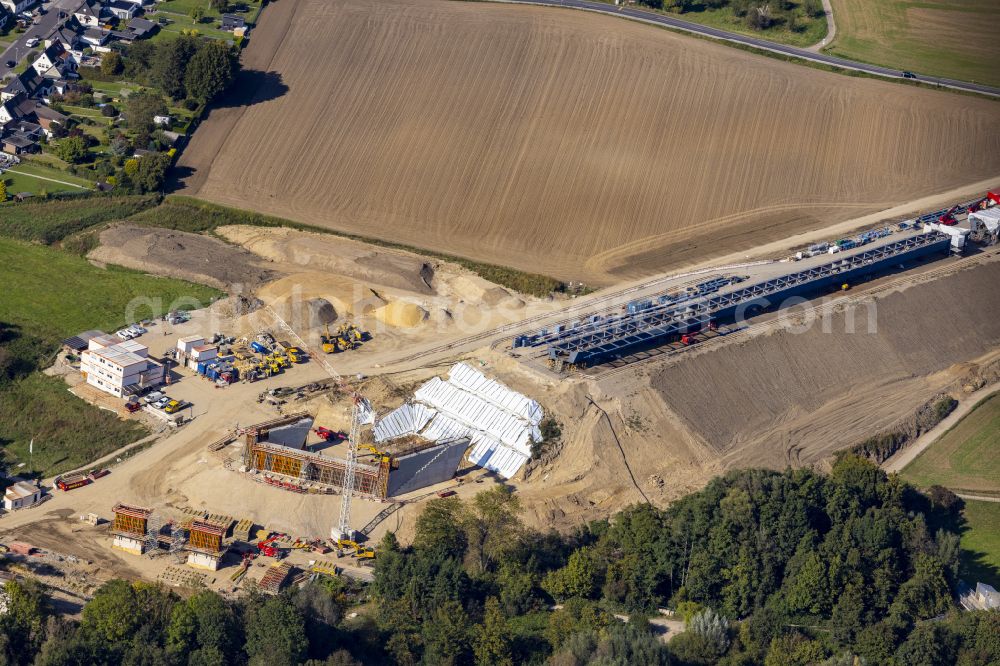 Aerial photograph Aachen - Construction site for the renovation, renewal and repair of the motorway bridge structure Haarbachtalbruecke federal motorway A544 on street Haarbachtalstrasse in the district Verlautenheide in Aachen in the federal state of North Rhine-Westphalia, Germany