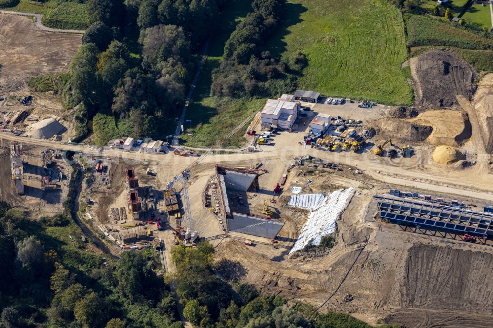 Aachen from above - Construction site for the renovation, renewal and repair of the motorway bridge structure Haarbachtalbruecke federal motorway A544 on street Haarbachtalstrasse in the district Verlautenheide in Aachen in the federal state of North Rhine-Westphalia, Germany