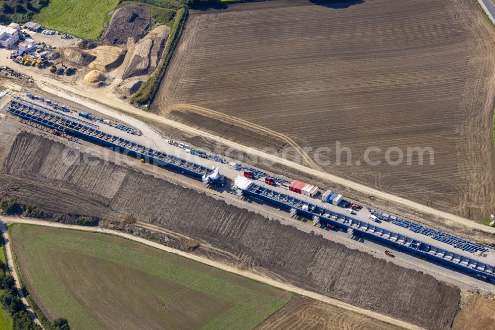 Aachen from the bird's eye view: Construction site for the renovation, renewal and repair of the motorway bridge structure Haarbachtalbruecke federal motorway A544 on street Haarbachtalstrasse in the district Verlautenheide in Aachen in the federal state of North Rhine-Westphalia, Germany