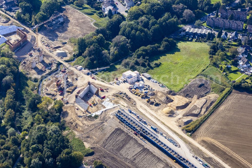 Aerial image Aachen - Construction site for the renovation, renewal and repair of the motorway bridge structure Haarbachtalbruecke federal motorway A544 on street Haarbachtalstrasse in the district Verlautenheide in Aachen in the federal state of North Rhine-Westphalia, Germany