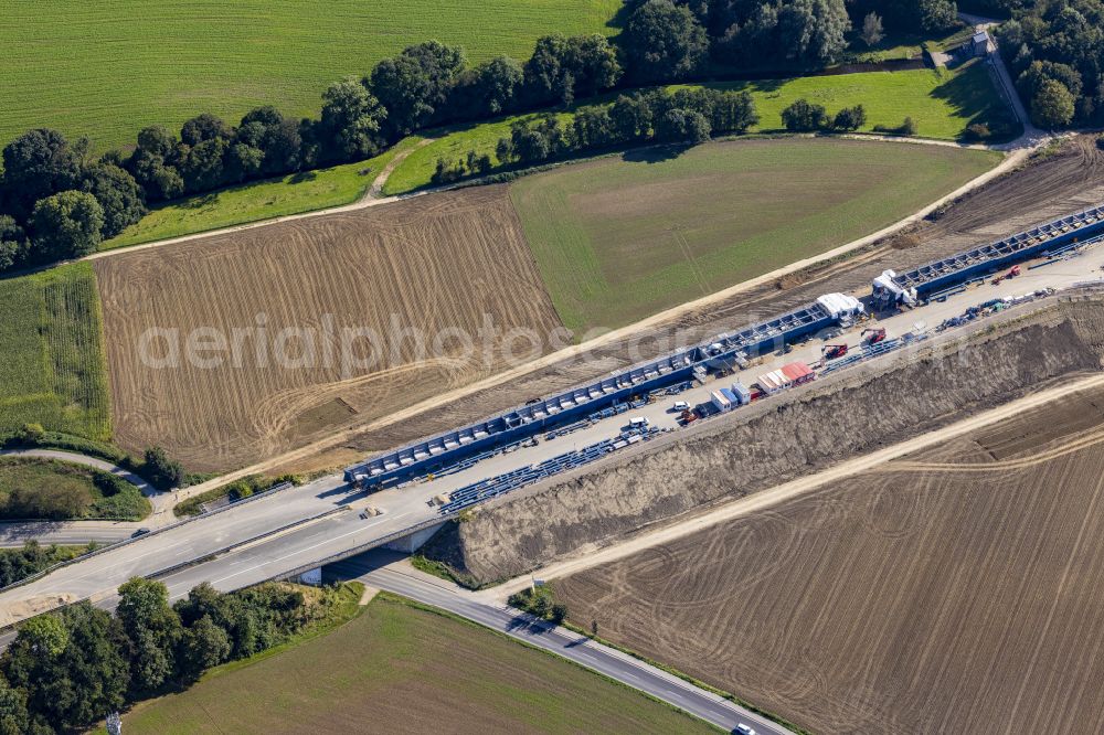 Aerial photograph Aachen - Construction site for the renovation, renewal and repair of the motorway bridge structure Haarbachtalbruecke federal motorway A544 on street Haarbachtalstrasse in the district Verlautenheide in Aachen in the federal state of North Rhine-Westphalia, Germany