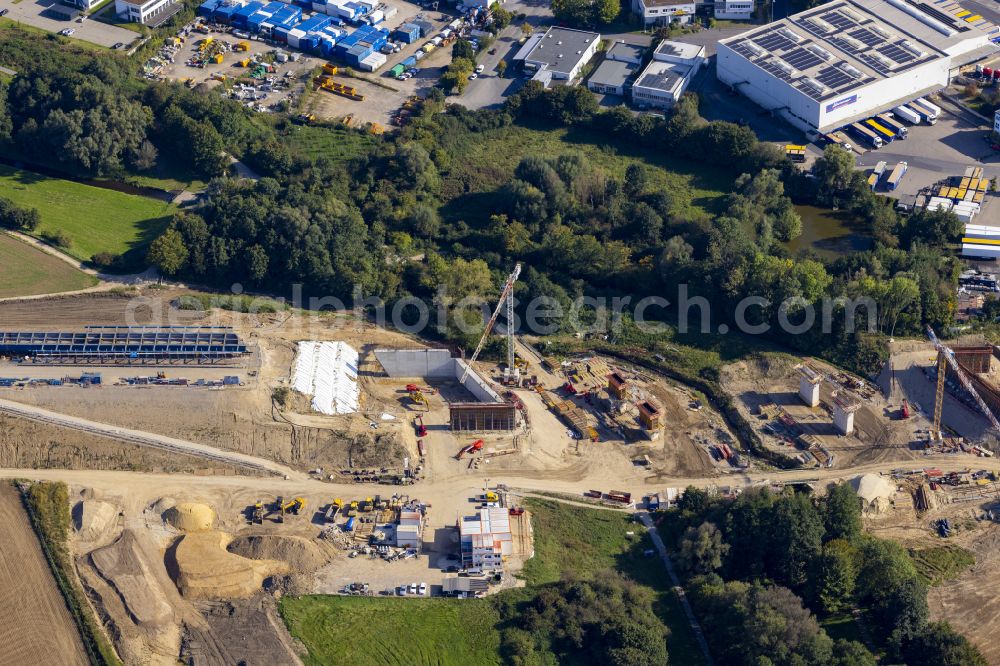 Aachen from above - Construction site for the renovation, renewal and repair of the motorway bridge structure Haarbachtalbruecke federal motorway A544 on street Haarbachtalstrasse in the district Verlautenheide in Aachen in the federal state of North Rhine-Westphalia, Germany