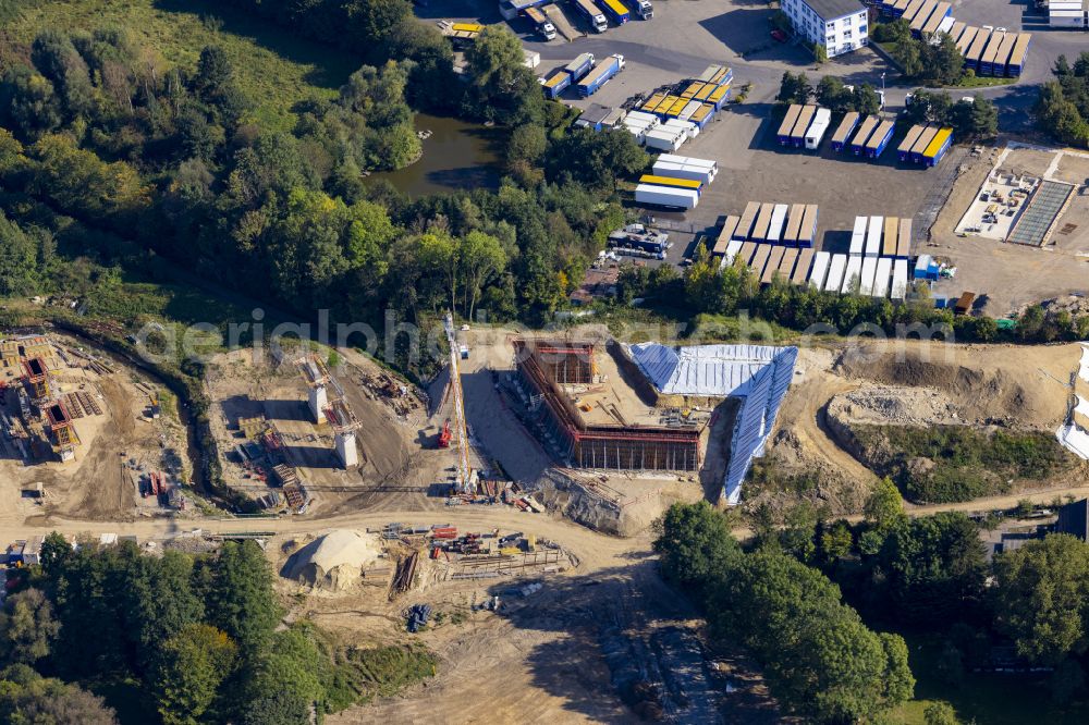 Aachen from the bird's eye view: Construction site for the renovation, renewal and repair of the motorway bridge structure Haarbachtalbruecke federal motorway A544 on street Haarbachtalstrasse in the district Verlautenheide in Aachen in the federal state of North Rhine-Westphalia, Germany