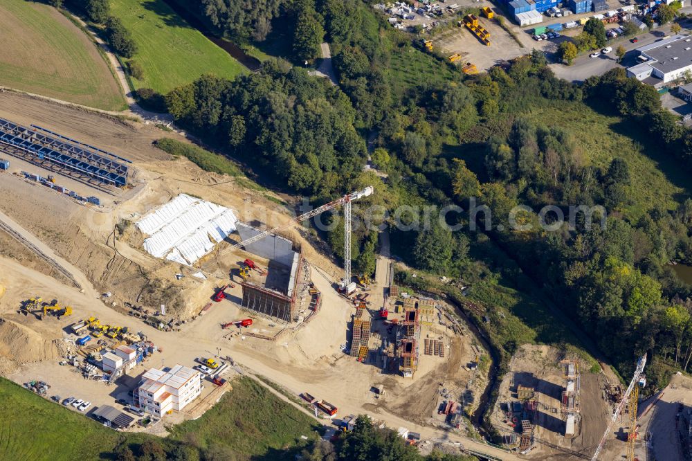 Aerial image Aachen - Construction site for the renovation, renewal and repair of the motorway bridge structure Haarbachtalbruecke federal motorway A544 on street Haarbachtalstrasse in the district Verlautenheide in Aachen in the federal state of North Rhine-Westphalia, Germany