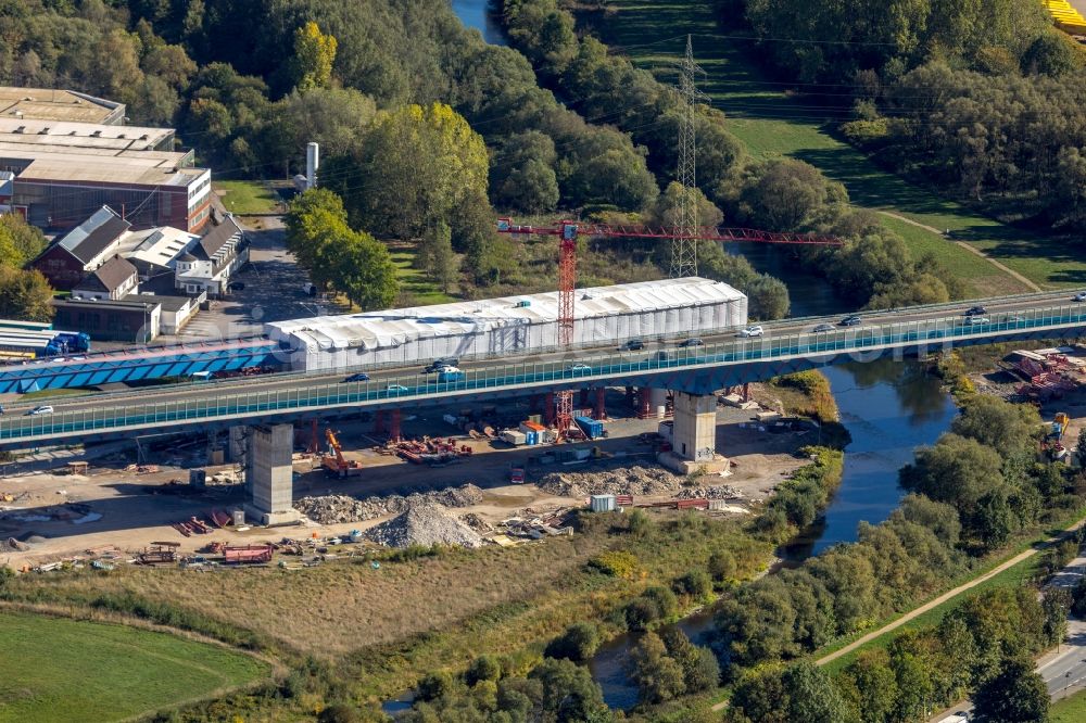 Aerial photograph Hagen - Construction site for the rehabilitation and repair of the motorway bridge construction Lennetalbruecke A45 Am Kahlenberg in Hagen in the state North Rhine-Westphalia, Germany