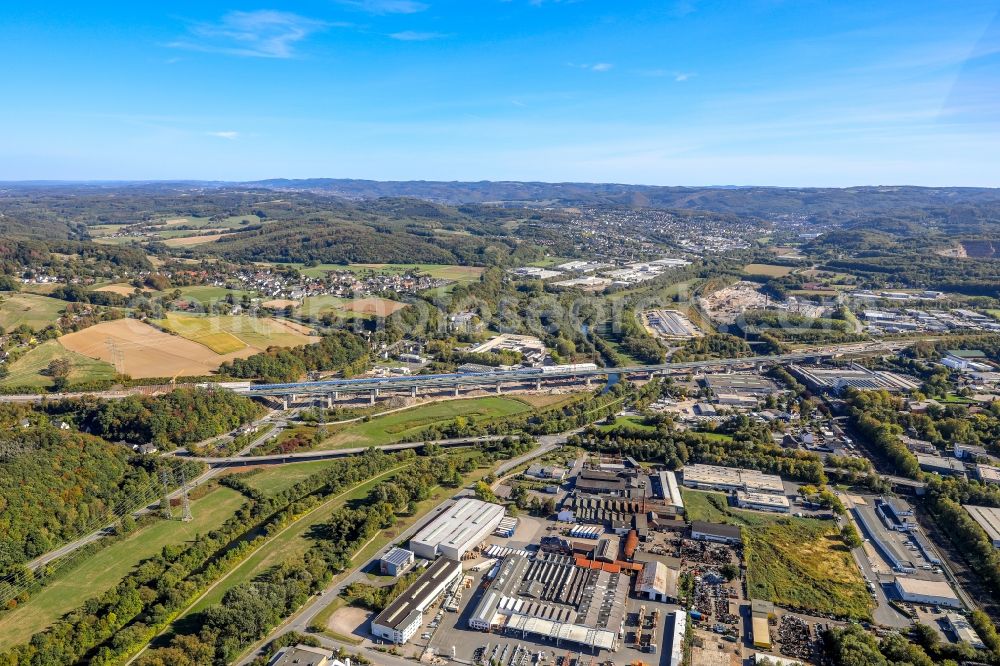 Hagen from the bird's eye view: Construction site for the rehabilitation and repair of the motorway bridge construction Lennetalbruecke A45 Am Kahlenberg in Hagen in the state North Rhine-Westphalia, Germany