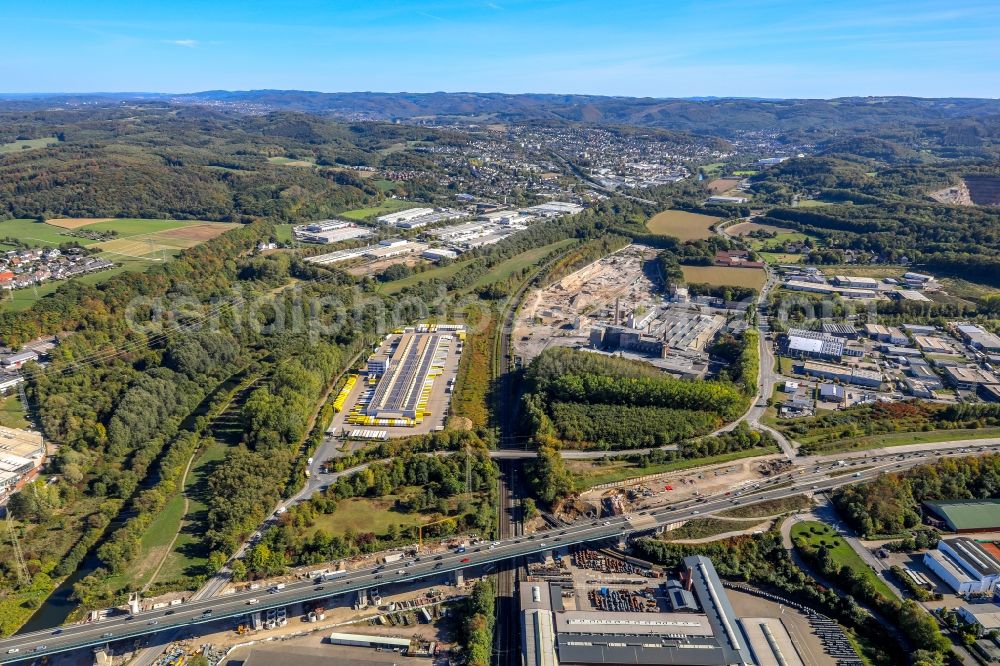 Aerial image Hagen - Construction site for the rehabilitation and repair of the motorway bridge construction Lennetalbruecke A45 Am Kahlenberg in Hagen in the state North Rhine-Westphalia, Germany