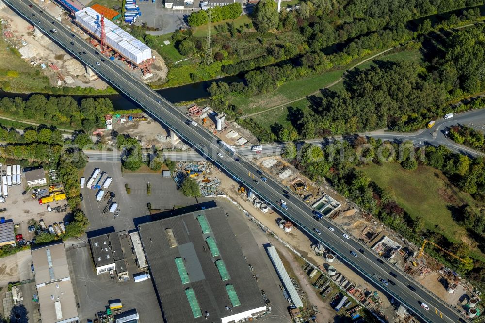 Aerial photograph Hagen - Construction site for the rehabilitation and repair of the motorway bridge construction Lennetalbruecke A45 Am Kahlenberg in Hagen in the state North Rhine-Westphalia, Germany