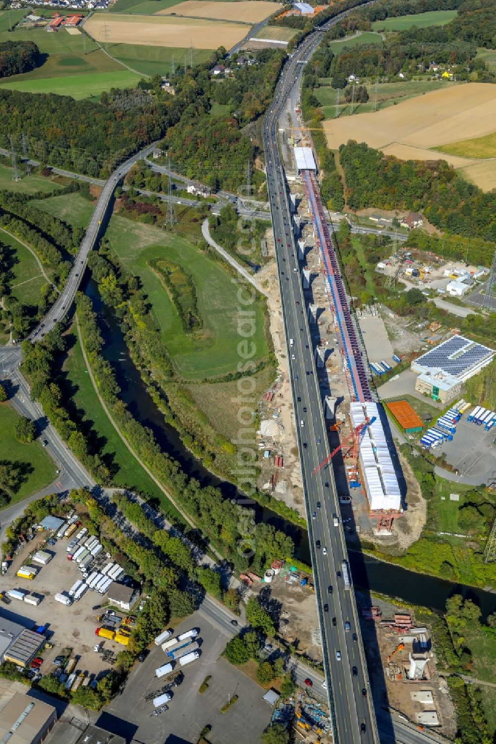 Hagen from above - Construction site for the rehabilitation and repair of the motorway bridge construction Lennetalbruecke A45 Am Kahlenberg in Hagen in the state North Rhine-Westphalia, Germany