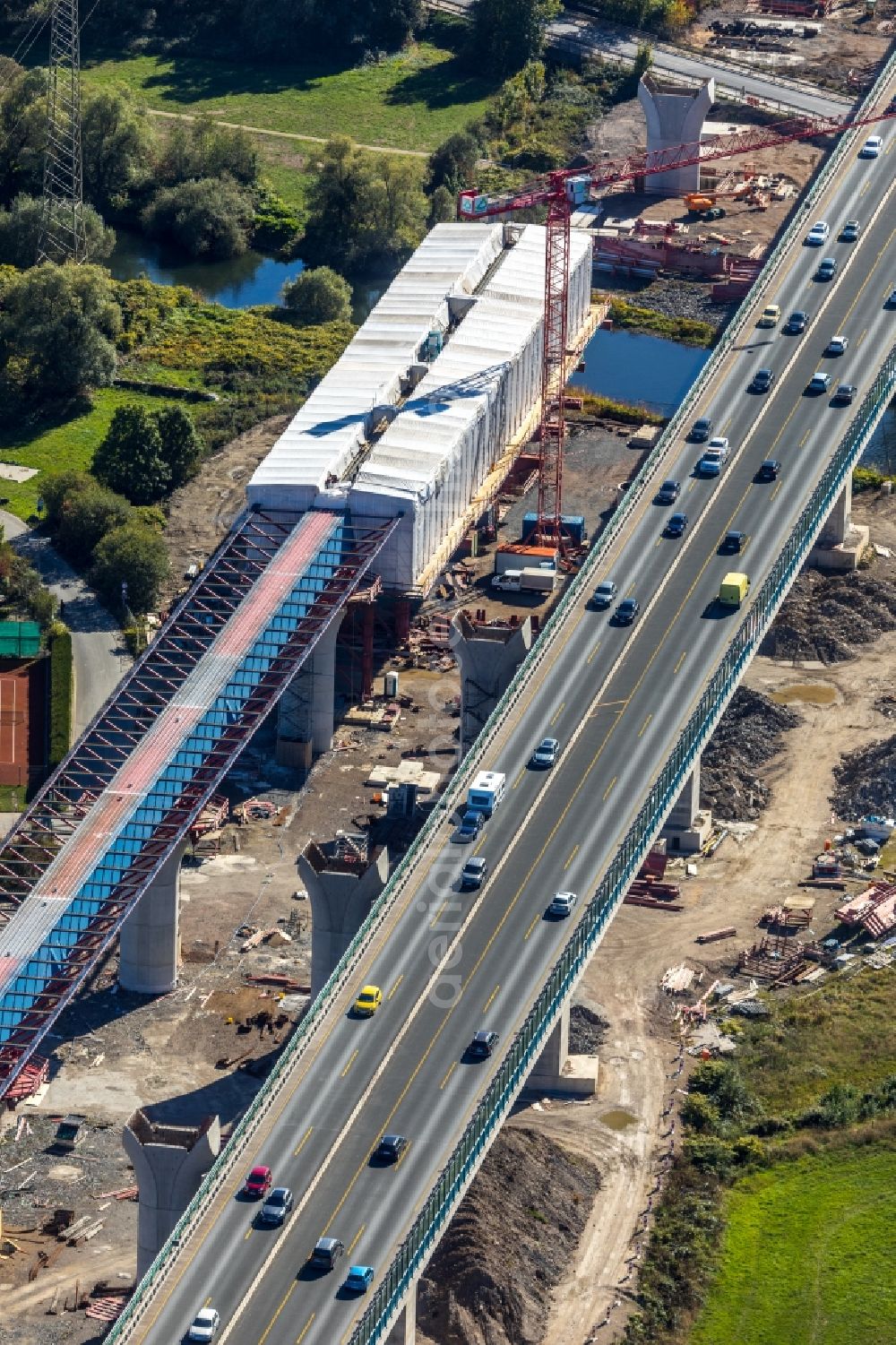 Aerial image Hagen - Construction site for the rehabilitation and repair of the motorway bridge construction Lennetalbruecke A45 Am Kahlenberg in Hagen in the state North Rhine-Westphalia, Germany