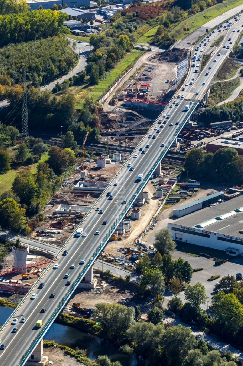 Aerial photograph Hagen - Construction site for the rehabilitation and repair of the motorway bridge construction Lennetalbruecke A45 Am Kahlenberg in Hagen in the state North Rhine-Westphalia, Germany