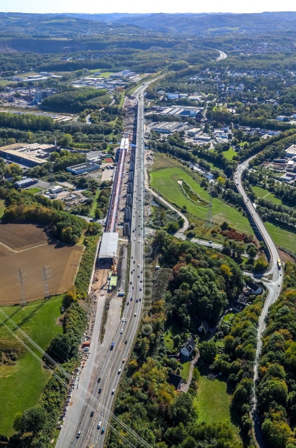 Hagen from above - Construction site for the rehabilitation and repair of the motorway bridge construction Lennetalbruecke A45 Am Kahlenberg in Hagen in the state North Rhine-Westphalia, Germany