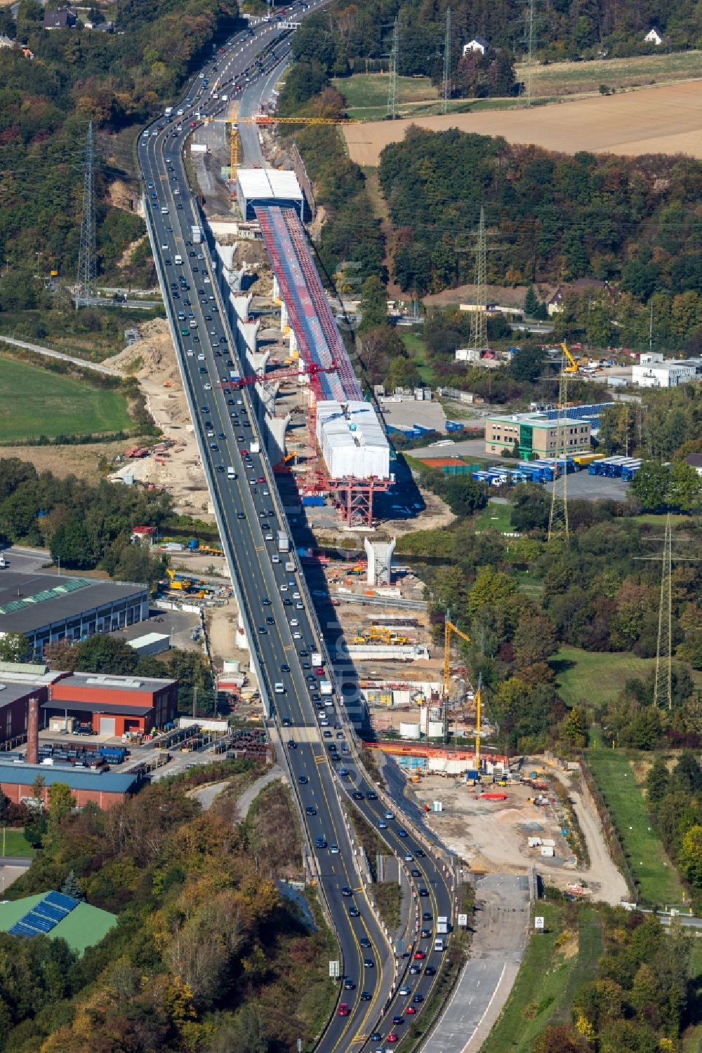 Aerial image Hagen - Construction site for the rehabilitation and repair of the motorway bridge construction Lennetalbruecke A45 Am Kahlenberg in Hagen in the state North Rhine-Westphalia, Germany