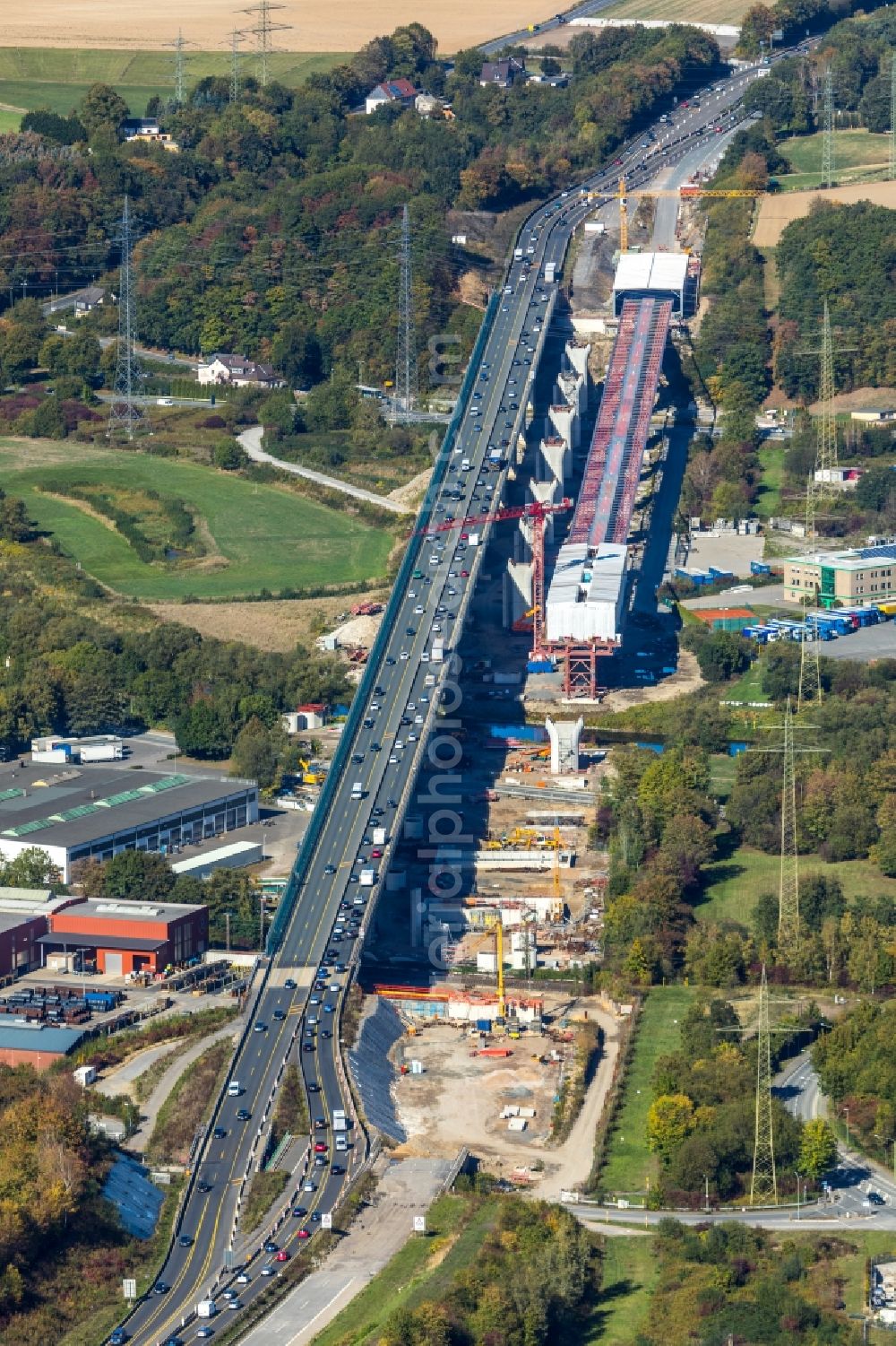 Hagen from above - Construction site for the rehabilitation and repair of the motorway bridge construction Lennetalbruecke A45 Am Kahlenberg in Hagen in the state North Rhine-Westphalia, Germany