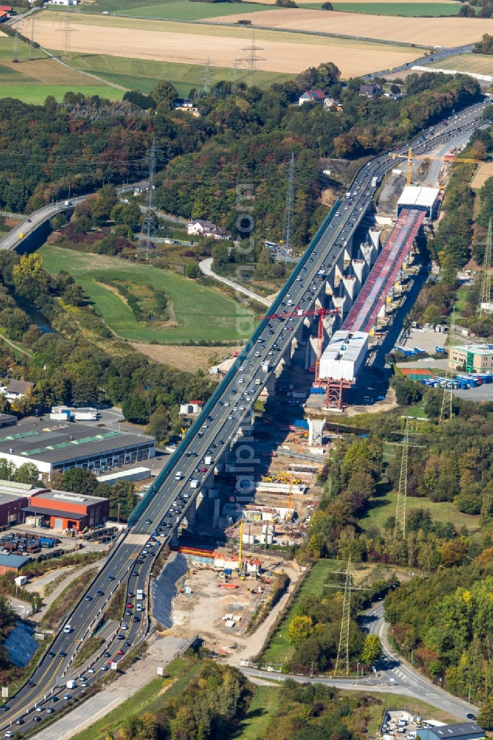 Hagen from the bird's eye view: Construction site for the rehabilitation and repair of the motorway bridge construction Lennetalbruecke A45 Am Kahlenberg in Hagen in the state North Rhine-Westphalia, Germany