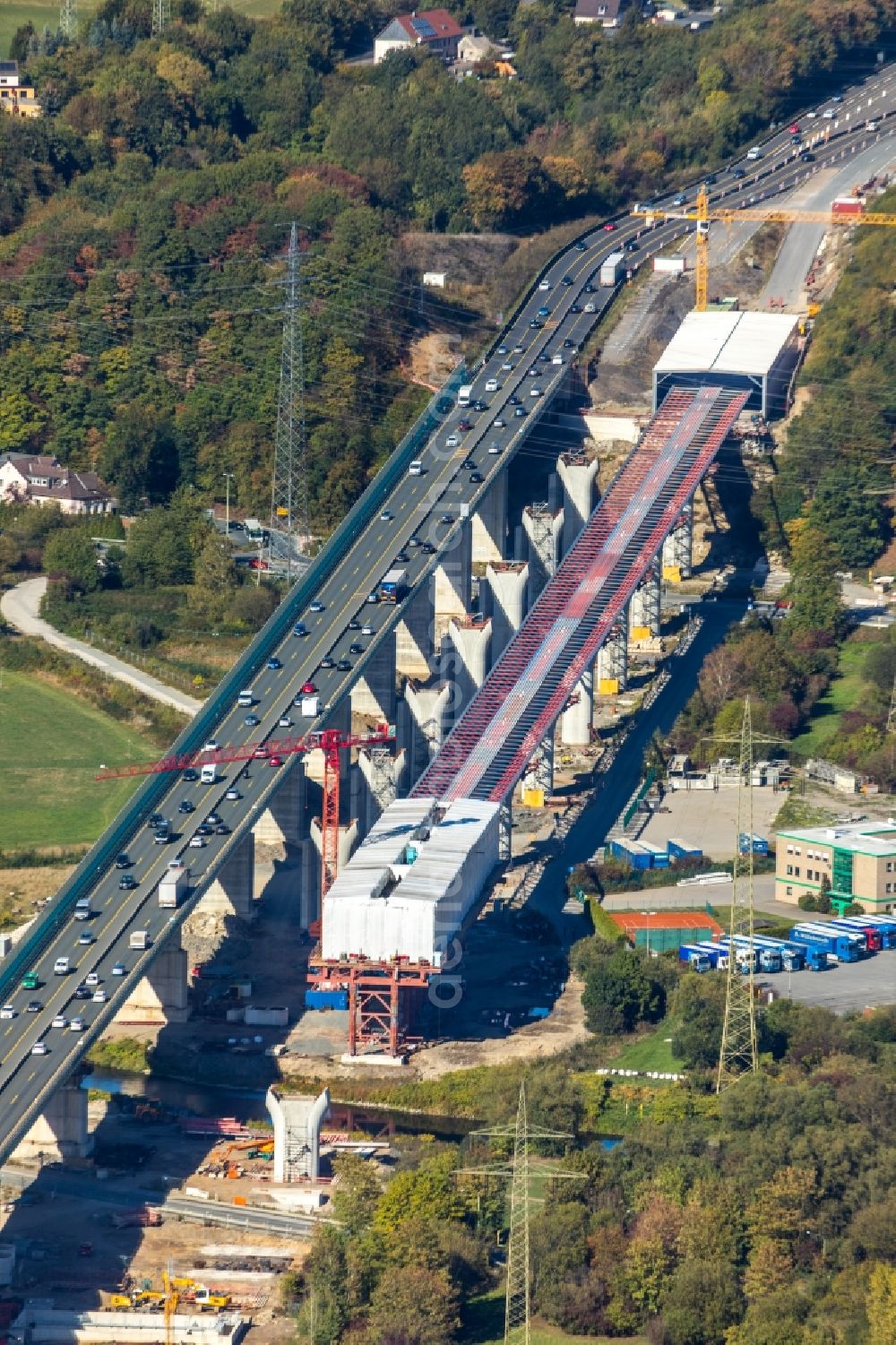 Aerial image Hagen - Construction site for the rehabilitation and repair of the motorway bridge construction Lennetalbruecke A45 Am Kahlenberg in Hagen in the state North Rhine-Westphalia, Germany