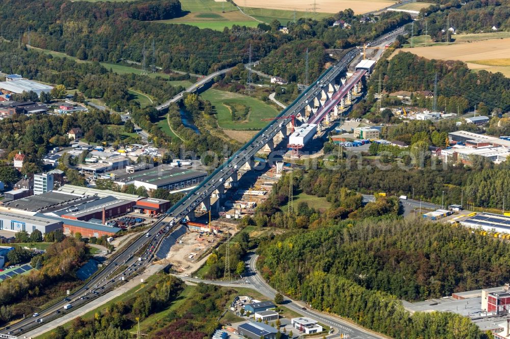 Hagen from above - Construction site for the rehabilitation and repair of the motorway bridge construction Lennetalbruecke A45 Am Kahlenberg in Hagen in the state North Rhine-Westphalia, Germany