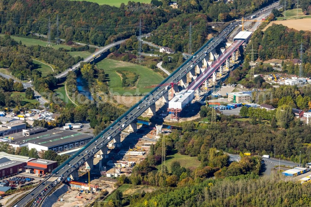 Hagen from the bird's eye view: Construction site for the rehabilitation and repair of the motorway bridge construction Lennetalbruecke A45 Am Kahlenberg in Hagen in the state North Rhine-Westphalia, Germany