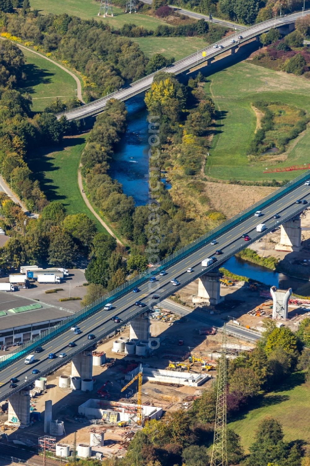 Aerial image Hagen - Construction site for the rehabilitation and repair of the motorway bridge construction Lennetalbruecke A45 Am Kahlenberg in Hagen in the state North Rhine-Westphalia, Germany