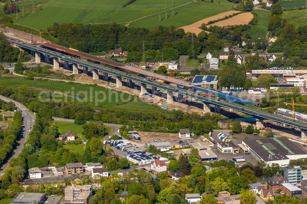 Aerial image Hagen - Construction site for the rehabilitation and repair of the motorway bridge construction Lennetalbruecke A45 Am Kahlenberg in Hagen in the state North Rhine-Westphalia, Germany