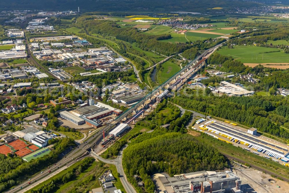 Hagen from the bird's eye view: Construction site for the rehabilitation and repair of the motorway bridge construction Lennetalbruecke A45 Am Kahlenberg in Hagen in the state North Rhine-Westphalia, Germany