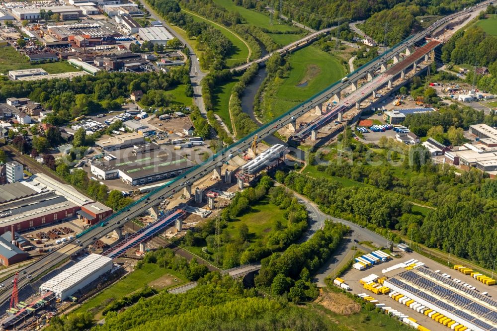 Aerial image Hagen - Construction site for the rehabilitation and repair of the motorway bridge construction Lennetalbruecke A45 Am Kahlenberg in Hagen in the state North Rhine-Westphalia, Germany