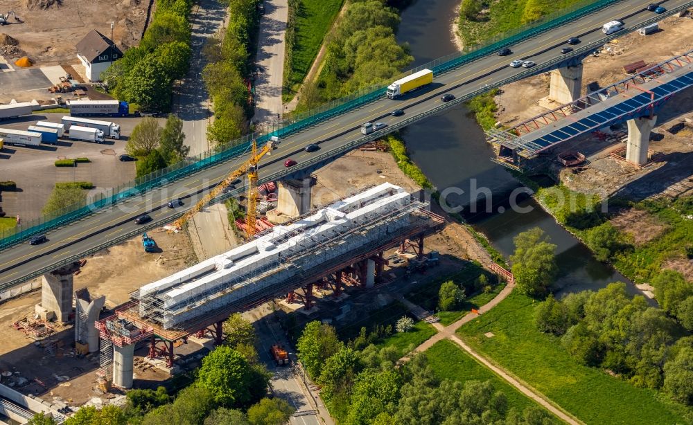 Aerial photograph Hagen - Construction site for the rehabilitation and repair of the motorway bridge construction Lennetalbruecke A45 Am Kahlenberg in Hagen in the state North Rhine-Westphalia, Germany