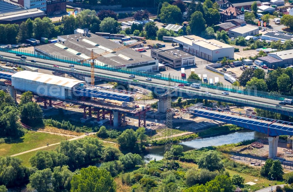 Aerial photograph Hagen - Construction site for the rehabilitation and repair of the motorway bridge construction Lennetalbruecke A45 Am Kahlenberg in Hagen in the state North Rhine-Westphalia, Germany