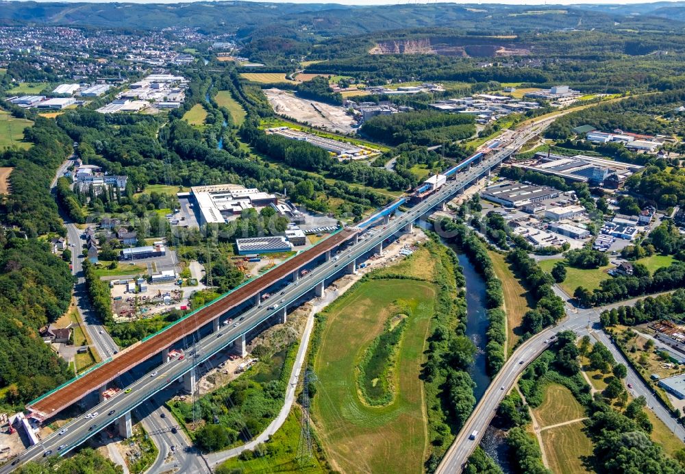 Aerial image Hagen - Construction site for the rehabilitation and repair of the motorway bridge construction Lennetalbruecke A45 Am Kahlenberg in Hagen in the state North Rhine-Westphalia, Germany