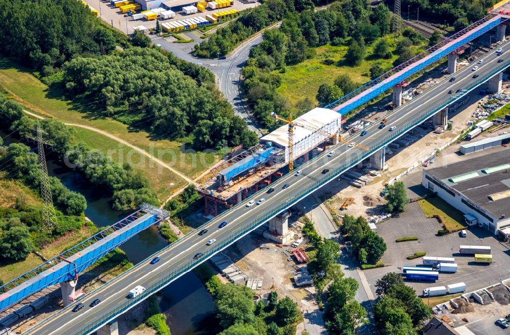 Aerial photograph Hagen - Construction site for the rehabilitation and repair of the motorway bridge construction Lennetalbruecke A45 Am Kahlenberg in Hagen in the state North Rhine-Westphalia, Germany