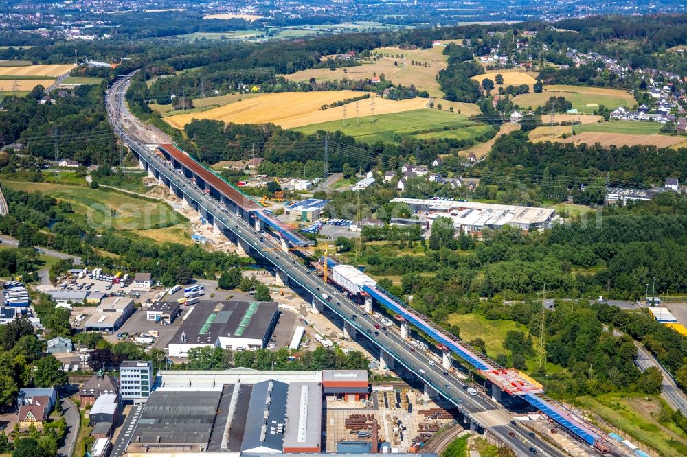 Hagen from the bird's eye view: Construction site for the rehabilitation and repair of the motorway bridge construction Lennetalbruecke A45 Am Kahlenberg in Hagen in the state North Rhine-Westphalia, Germany