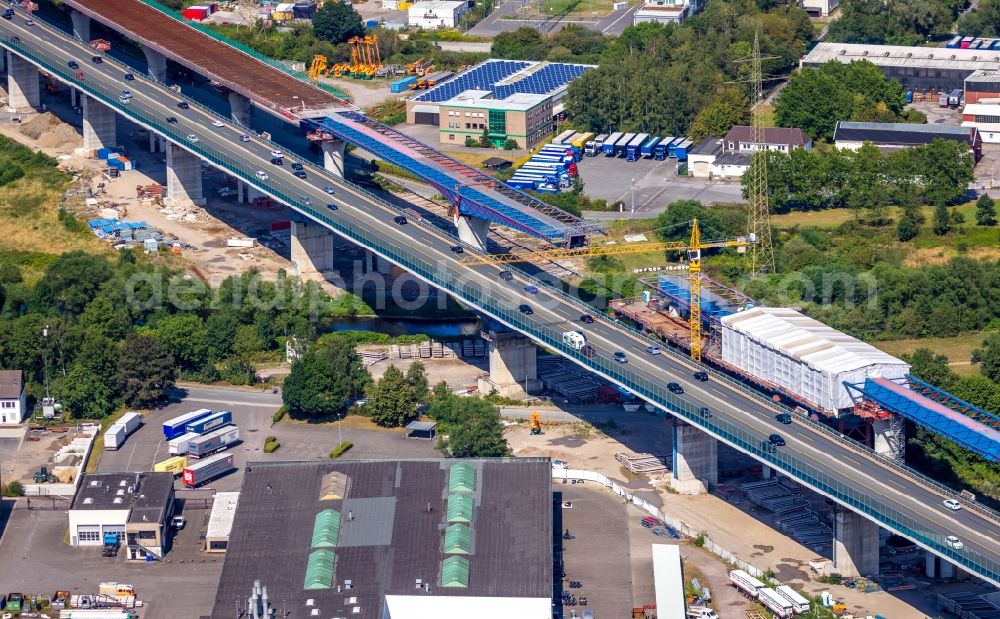 Aerial image Hagen - Construction site for the rehabilitation and repair of the motorway bridge construction Lennetalbruecke A45 Am Kahlenberg in Hagen in the state North Rhine-Westphalia, Germany