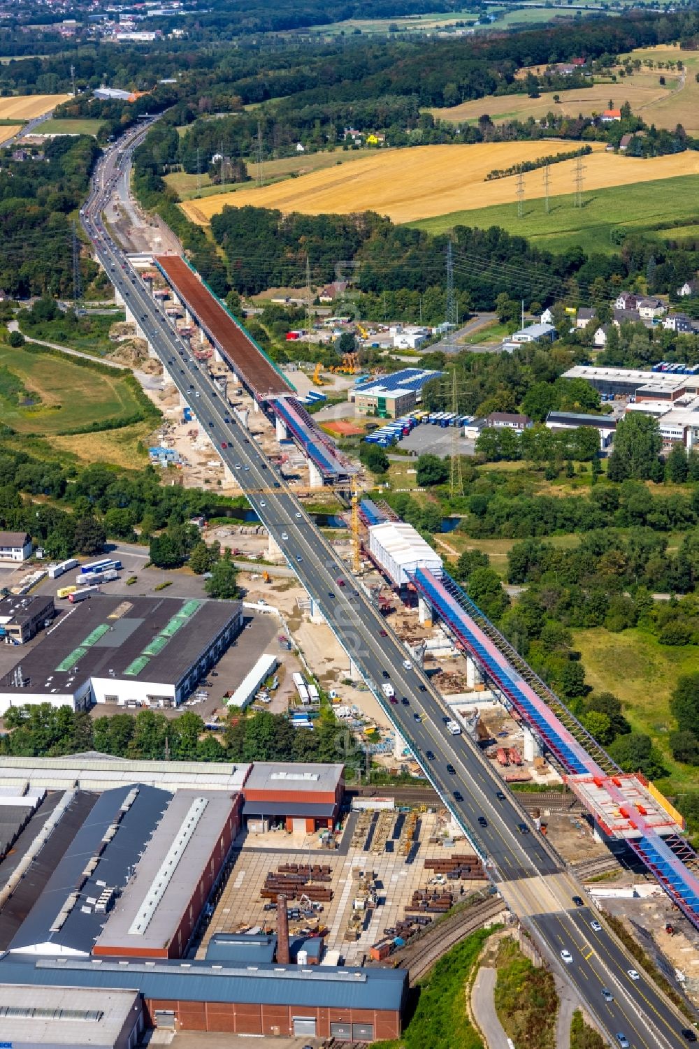 Hagen from above - Construction site for the rehabilitation and repair of the motorway bridge construction Lennetalbruecke A45 Am Kahlenberg in Hagen in the state North Rhine-Westphalia, Germany