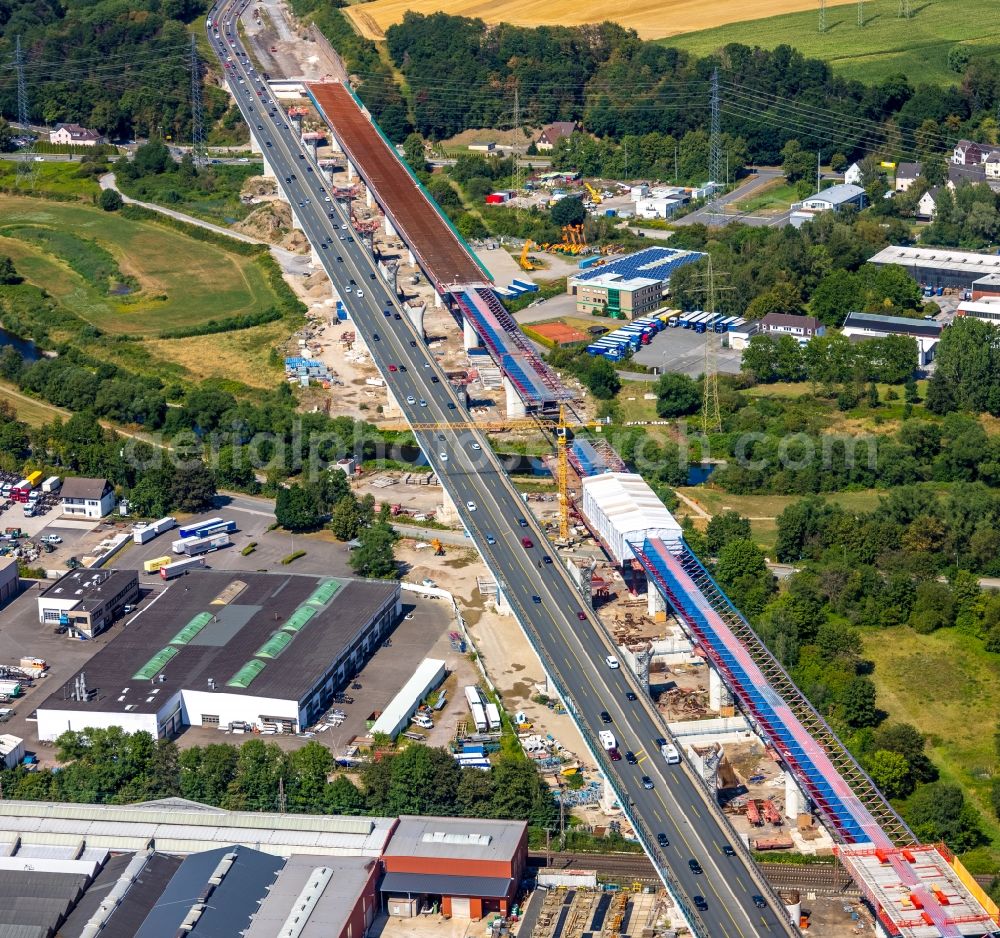 Hagen from the bird's eye view: Construction site for the rehabilitation and repair of the motorway bridge construction Lennetalbruecke A45 Am Kahlenberg in Hagen in the state North Rhine-Westphalia, Germany