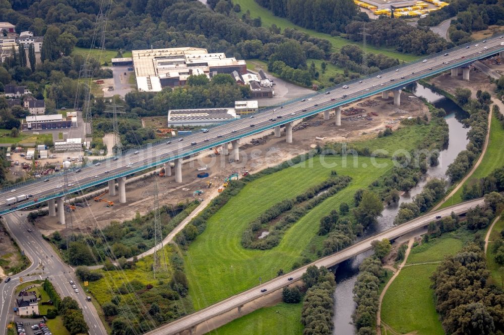 Hagen from the bird's eye view: Construction site for the rehabilitation and repair of the motorway bridge construction Lennetalbruecke A45 Am Kahlenberg in Hagen at Ruhrgebiet in the state North Rhine-Westphalia, Germany