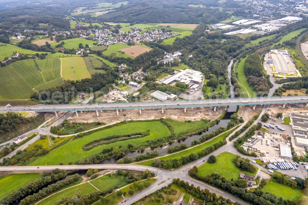 Aerial image Hagen - Construction site for the rehabilitation and repair of the motorway bridge construction Lennetalbruecke A45 Am Kahlenberg in Hagen at Ruhrgebiet in the state North Rhine-Westphalia, Germany