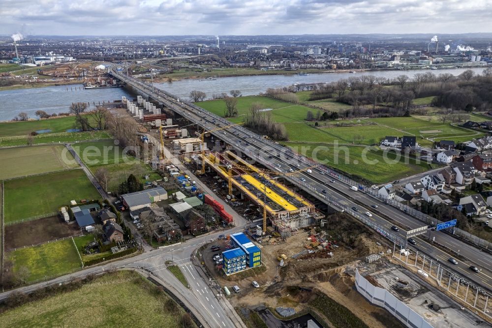 Leverkusen from the bird's eye view: Construction site for the rehabilitation and repair of the motorway bridge construction Leverkusener Rheinbruecke in Leverkusen in the state North Rhine-Westphalia, Germany