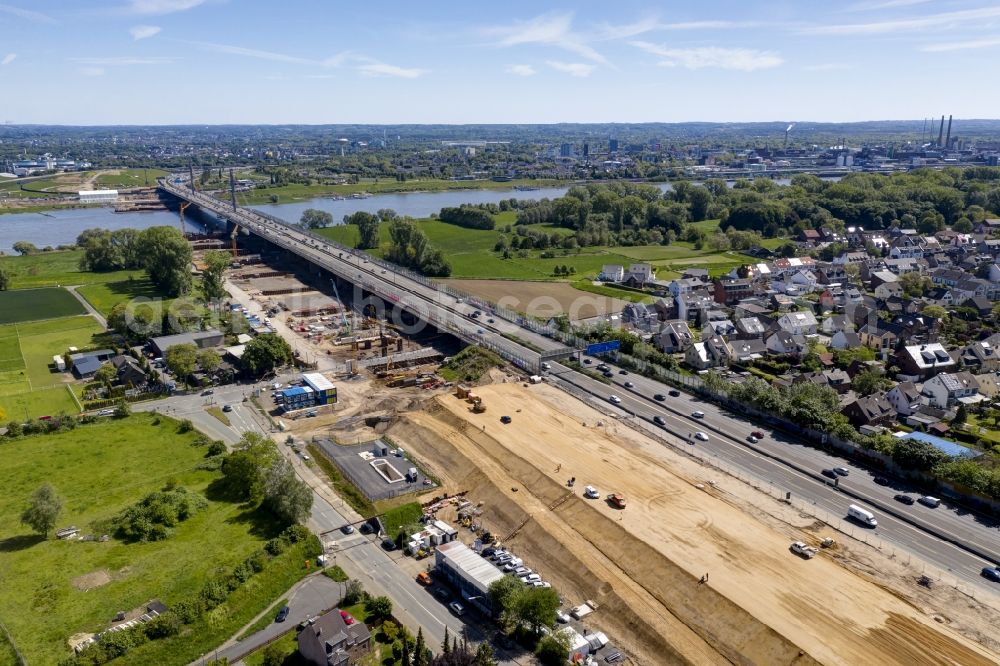 Aerial image Leverkusen - Construction site for the rehabilitation and repair of the motorway bridge construction Leverkusener Rheinbruecke in Leverkusen in the state North Rhine-Westphalia, Germany