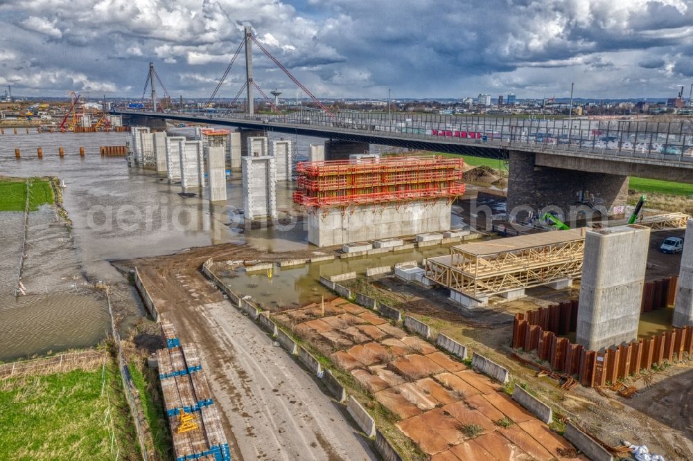 Aerial photograph Leverkusen - Construction site for the rehabilitation and repair of the motorway bridge construction Leverkusener Rheinbruecke in Leverkusen in the state North Rhine-Westphalia, Germany