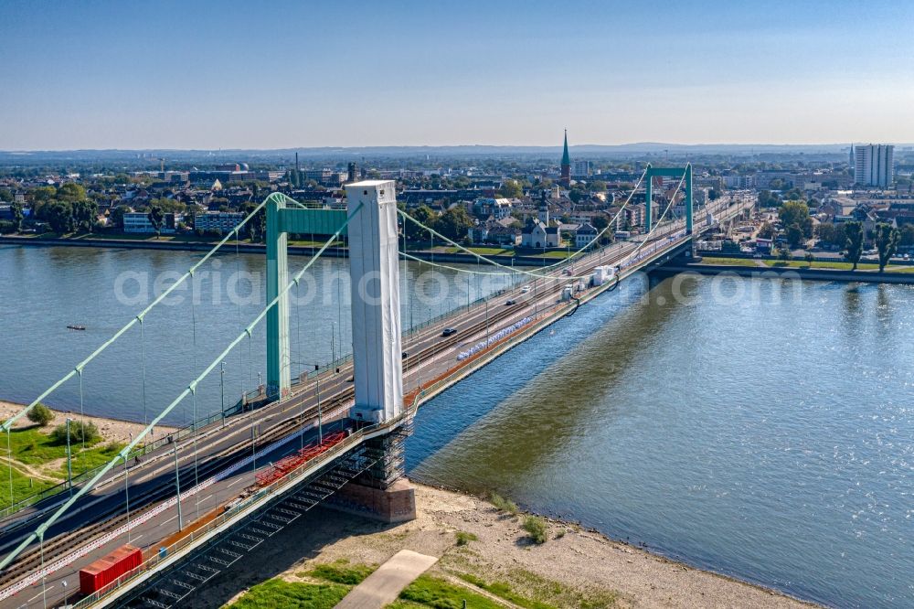 Aerial image Leverkusen - Construction site for the rehabilitation and repair of the motorway bridge construction Leverkusener Rheinbruecke in Leverkusen in the state North Rhine-Westphalia, Germany